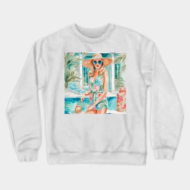Girl in preppy outfit near the swimming pool Crewneck Sweatshirt by SophieClimaArt